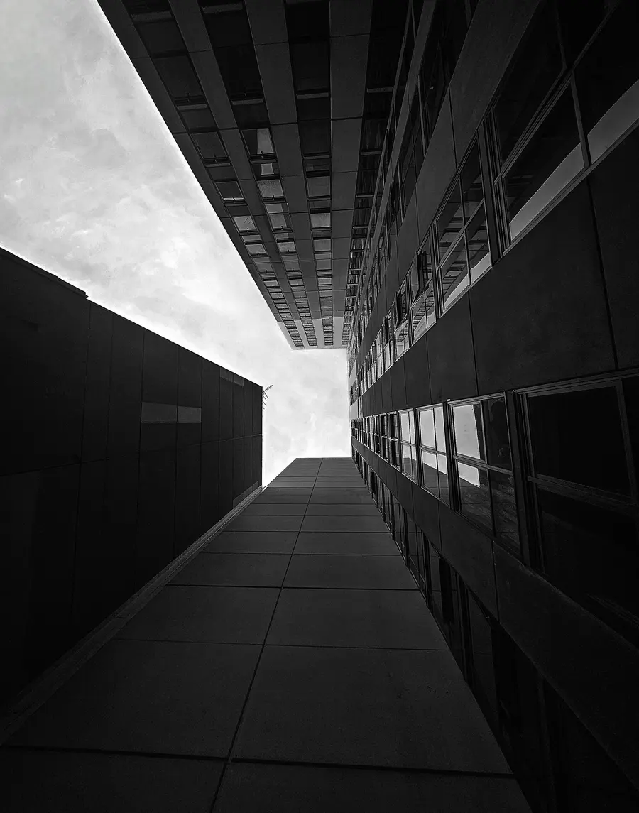 Looking up between city buildings, black and white