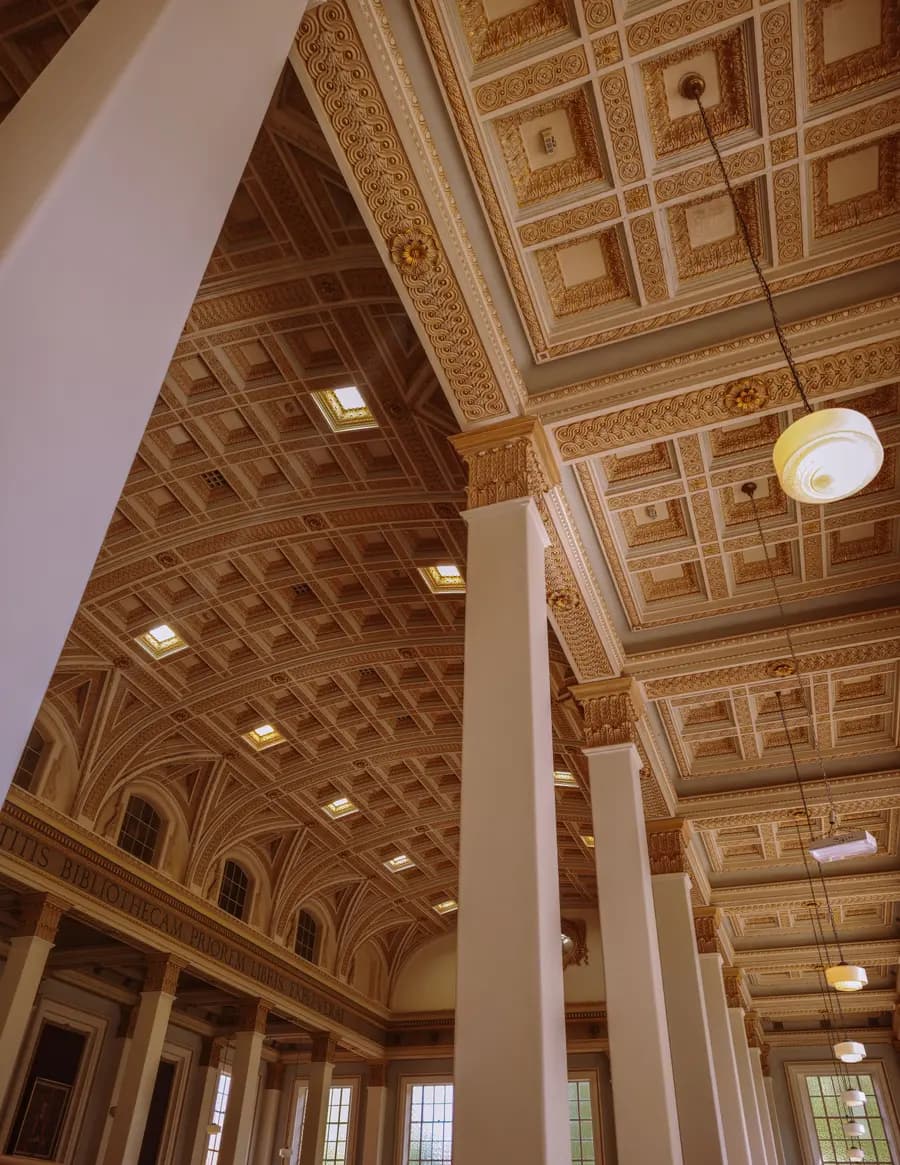 Ornate coffered ceiling of a historic library