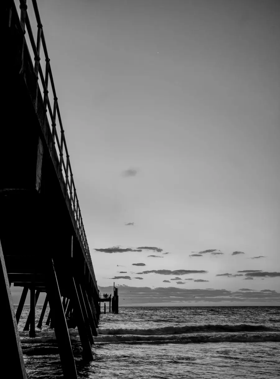 Jetty stretching into the ocean, black and white